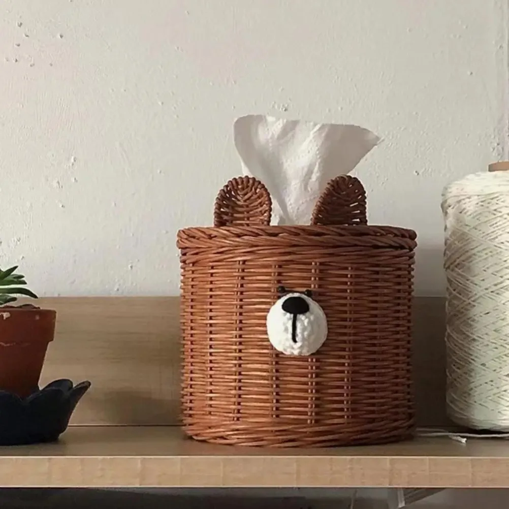 Bear Canister - Caja de pañuelos de mimbre tejido